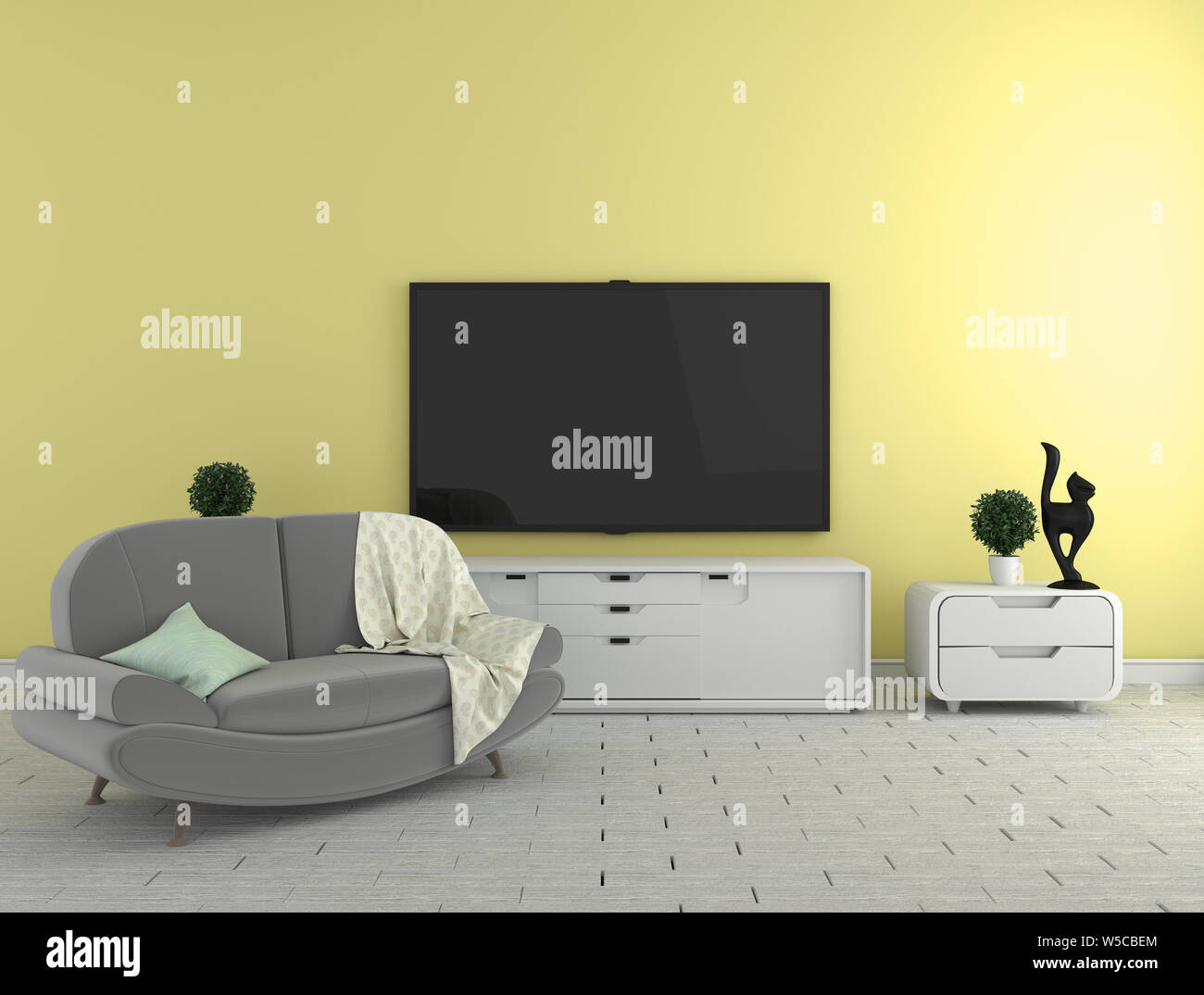 TV on the cabinet - modern living room on yellow wall background - colorful style, 3d rendering Stock Photo