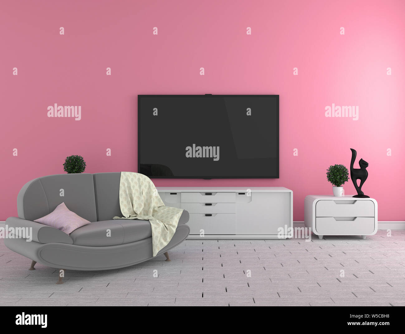 Tv On The Cabinet Modern Living Room On Wall Background Colorful Style 3d Rendering Stock Photo Alamy