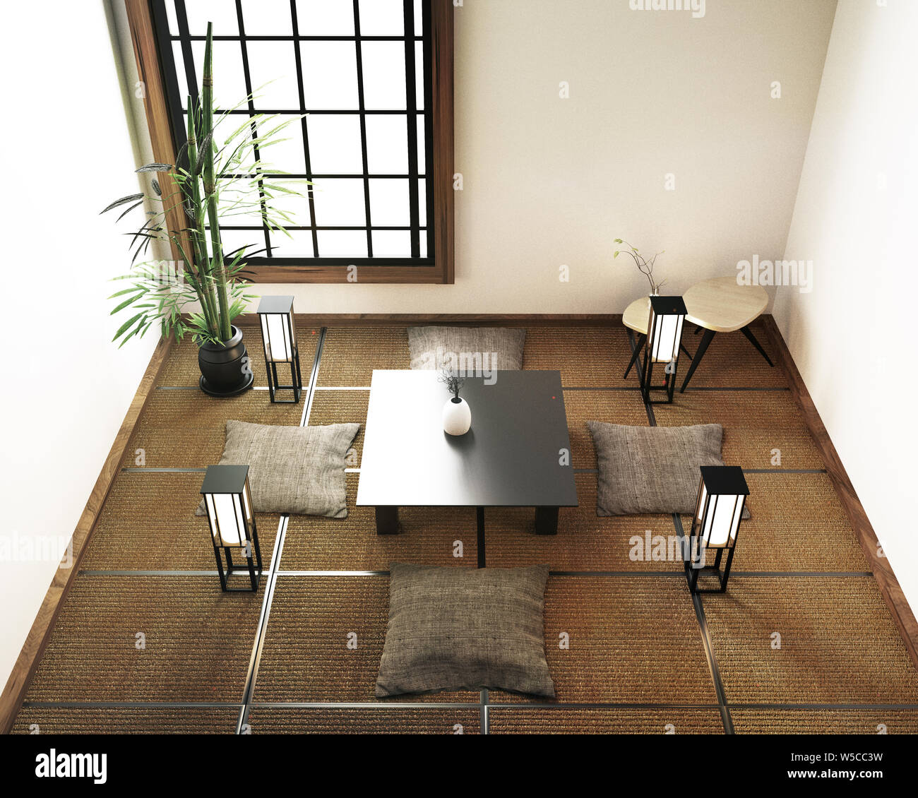 interior design living room with table,tatami mat floor. 3d rendering Stock Photo