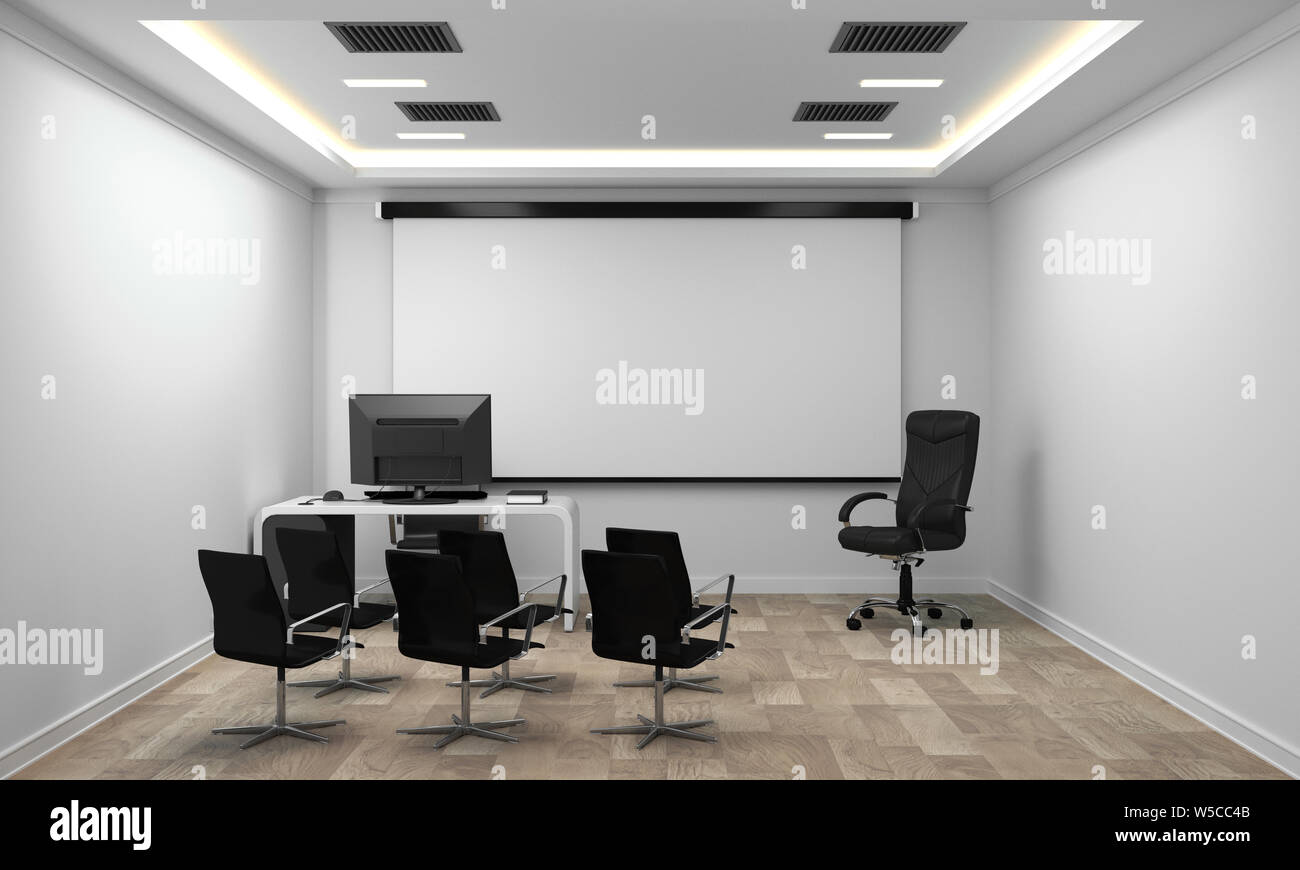 Board room - empty office concept , business interior with chairs and plants and wooden floor on white wall empty. 3D rendering Stock Photo