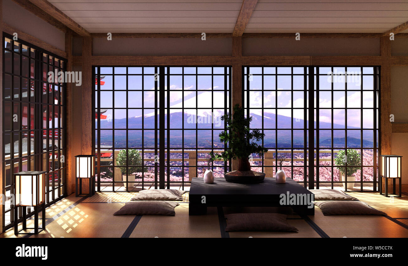 Japanese living room interior in living room minimal design, bonsai, low table on floor tatami mat, view fuji mountain. 3D rendering Stock Photo