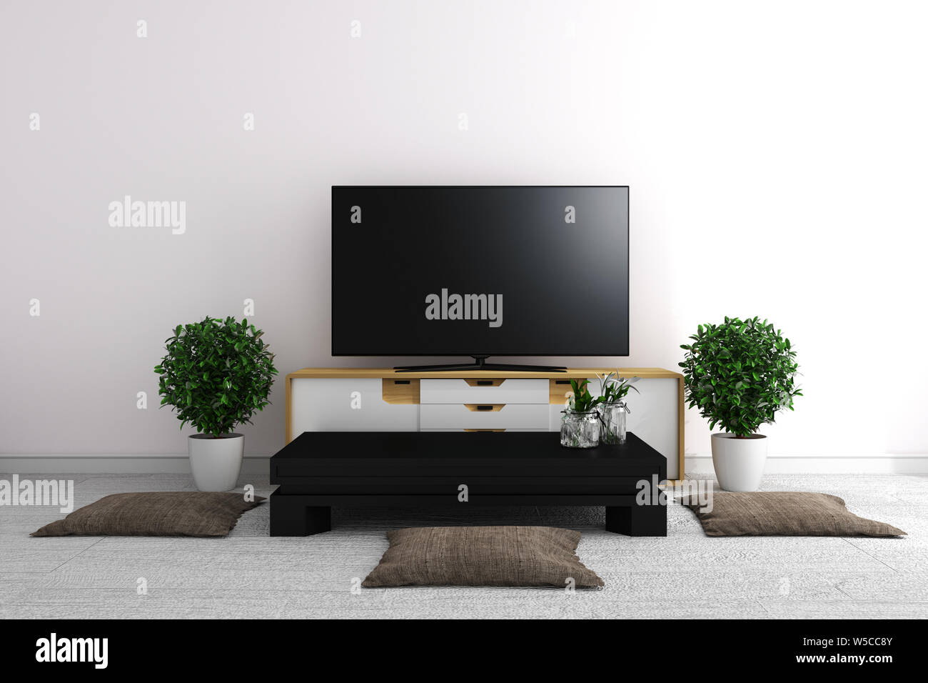 TV in modern white empty room interior minimal designs - Japanese style
