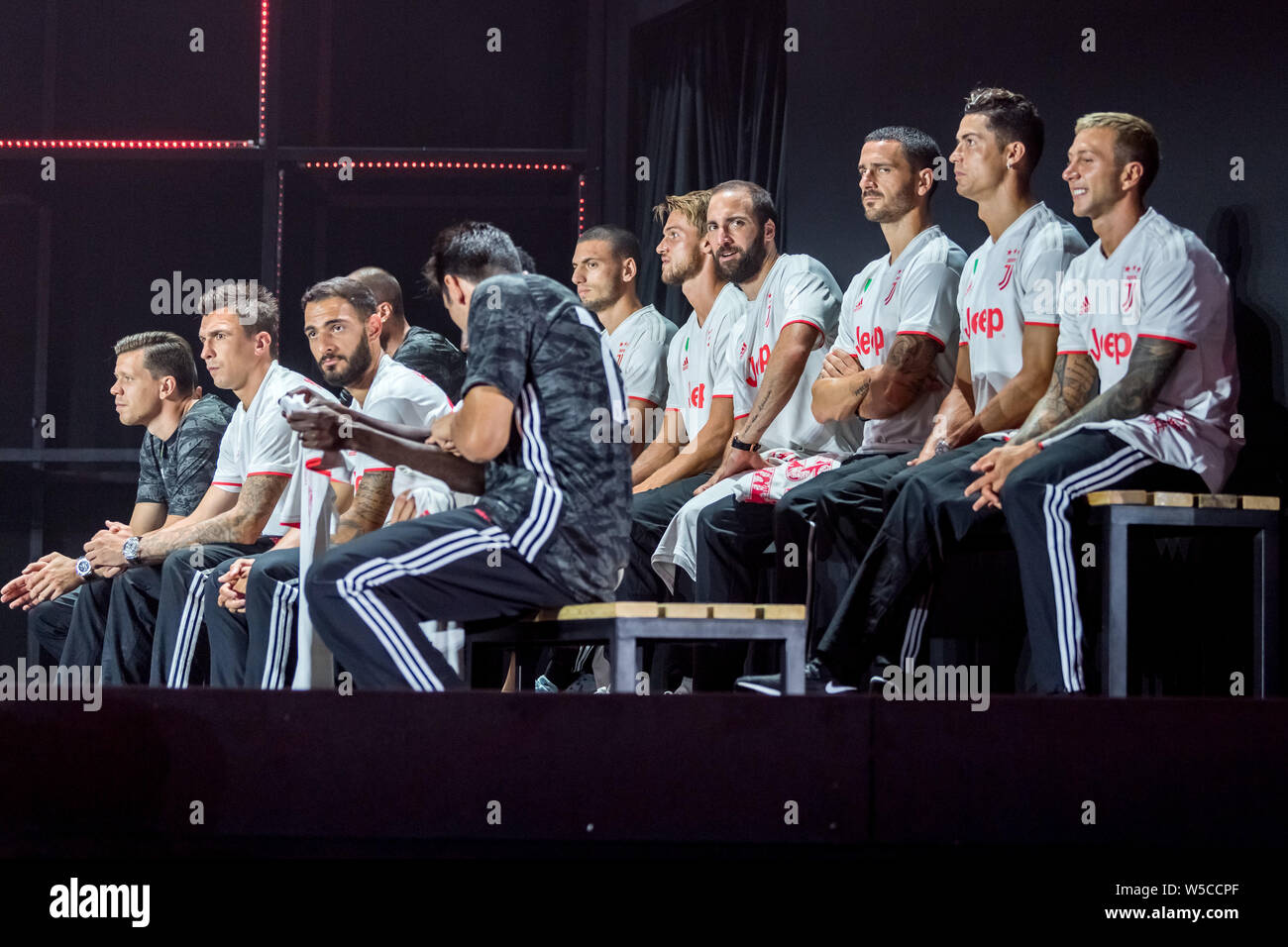 Players of Juventus F.C. attend a press conference to launch new 2019/20 Away Kit during the 2019 International Champions Cup football tournament in Shanghai, China, 25 July 2019. Stock Photo