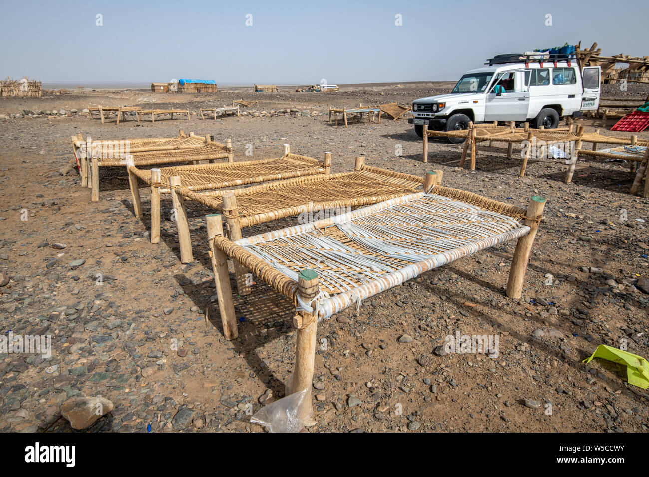 Makeshift cots for salt miners in the Danakil Depression ,  Ethiopia Stock Photo