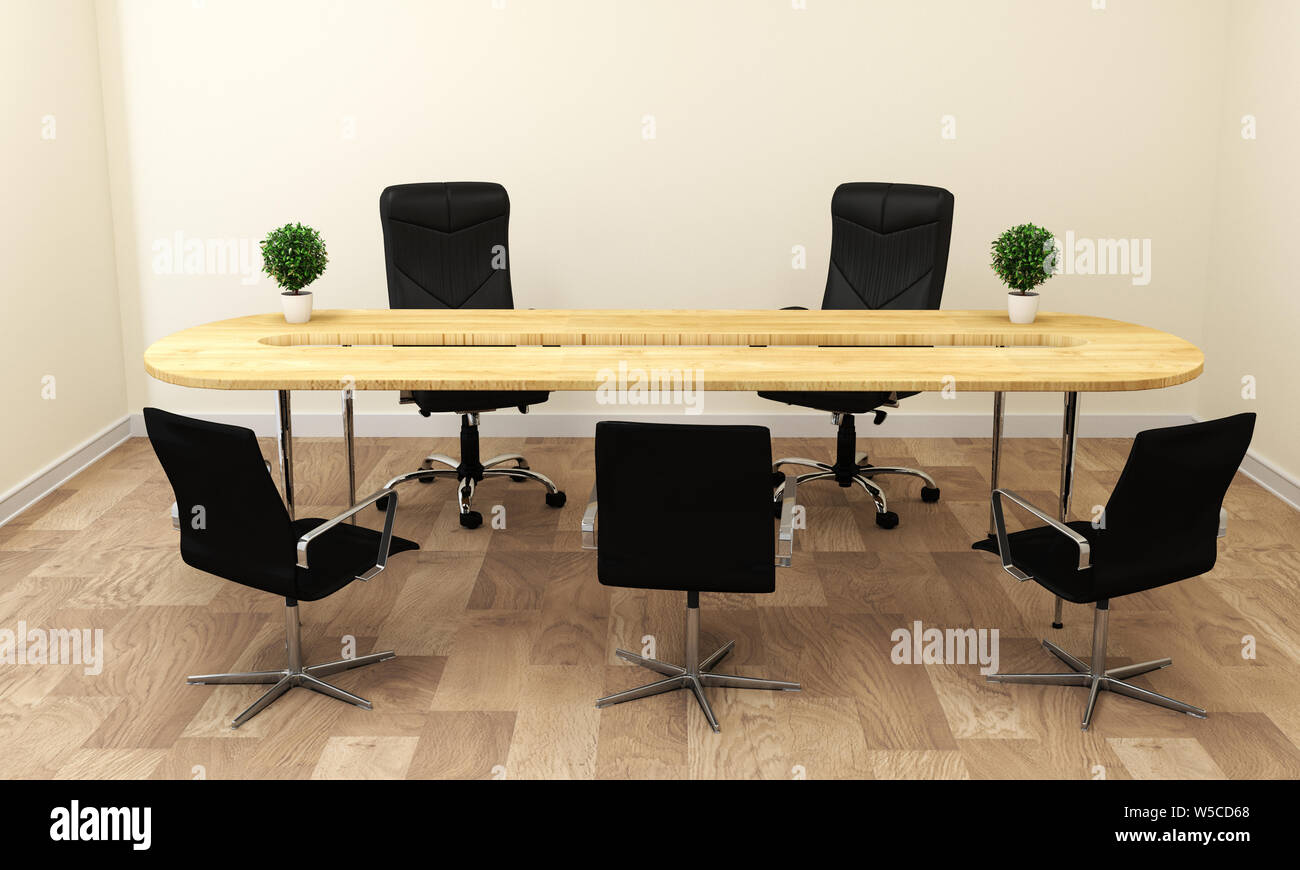 Empty white Conference room interior with wood floor on white wall background - empty room business room interior. 3d rendering Stock Photo