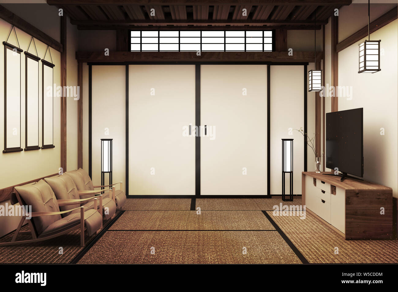 TV in modern white empty room interior,Designed for Japanese style lovers. 3D rednering Stock Photo