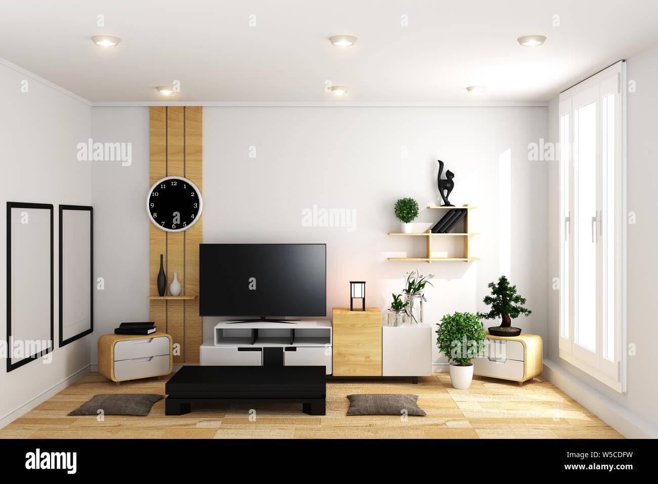 Smart TV in modern white empty room interior minimal designs - Japanese style. 3d rendering Stock Photo
