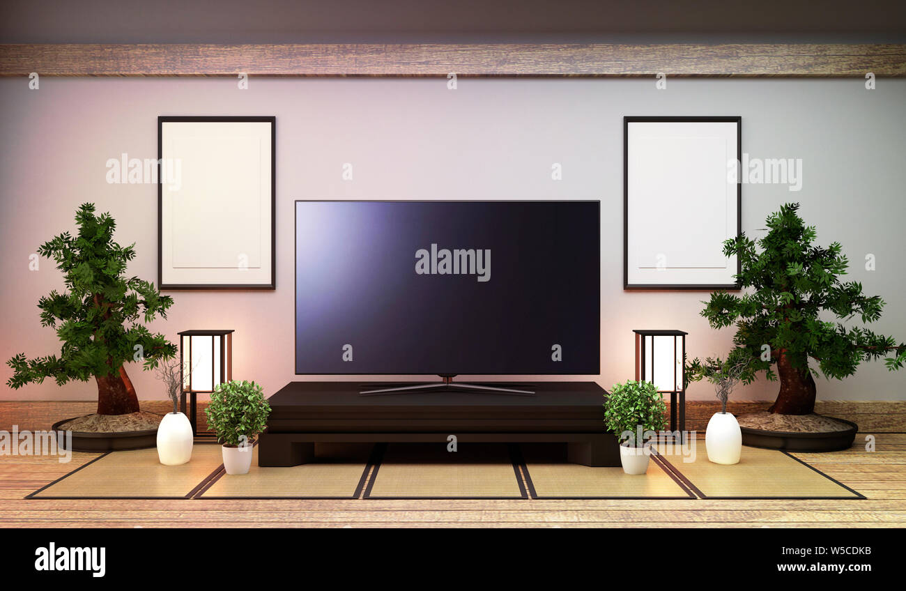 TV Japan Smart TV on low table in room Japanese style with lamp and