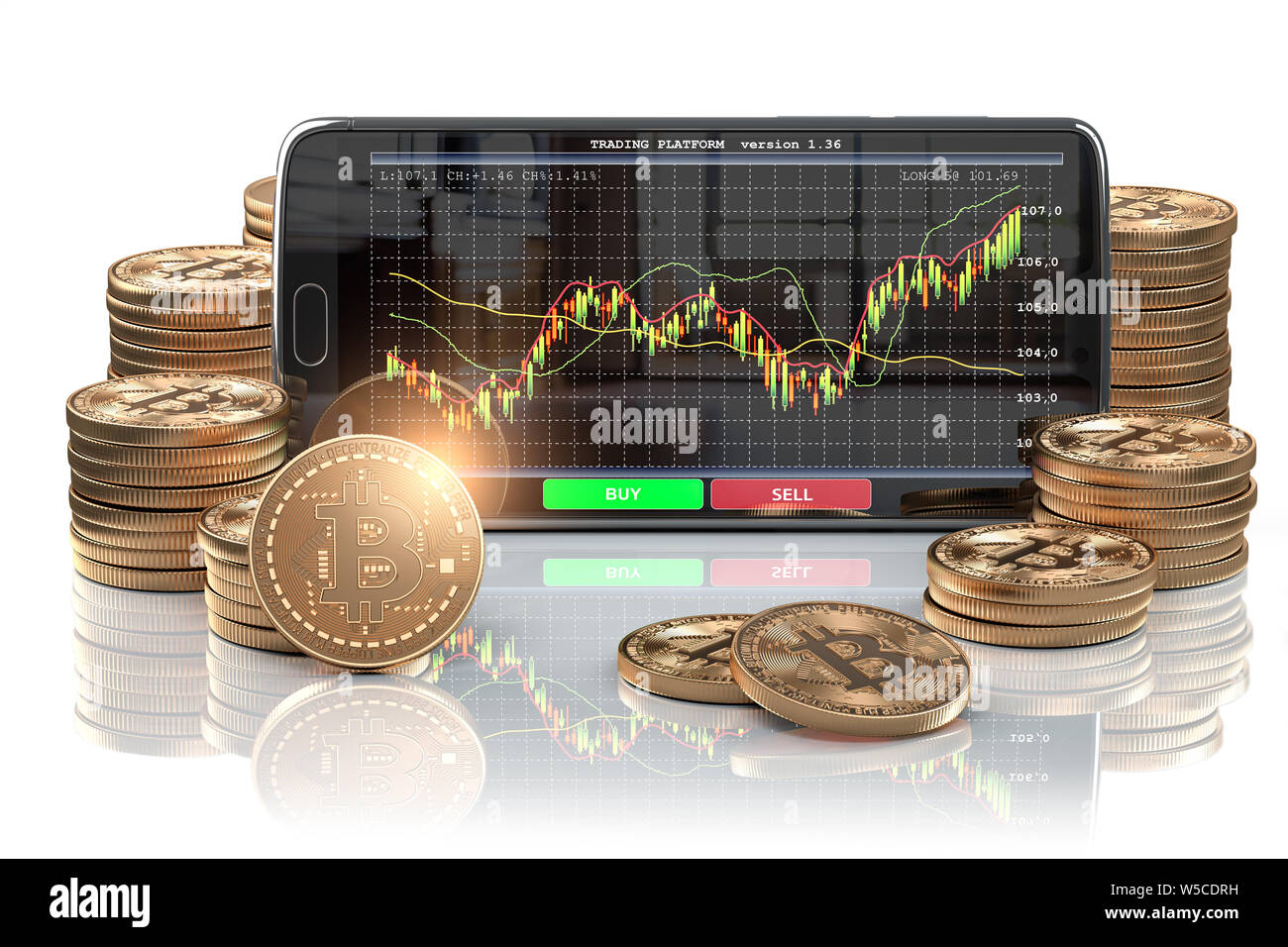 Smartphone with Bitcoin coins. Bitcoin cryptocurrency exchange mobile  trading platform. 3d illustration Stock Photo - Alamy