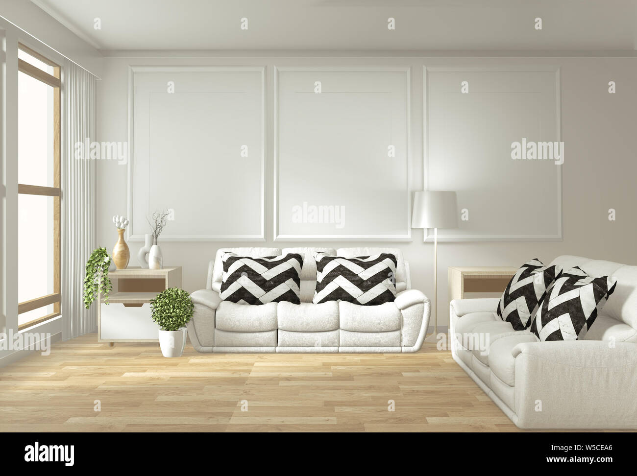 Modern zen living room interior with sofa and green plants japanese minimal design. 3d rendering