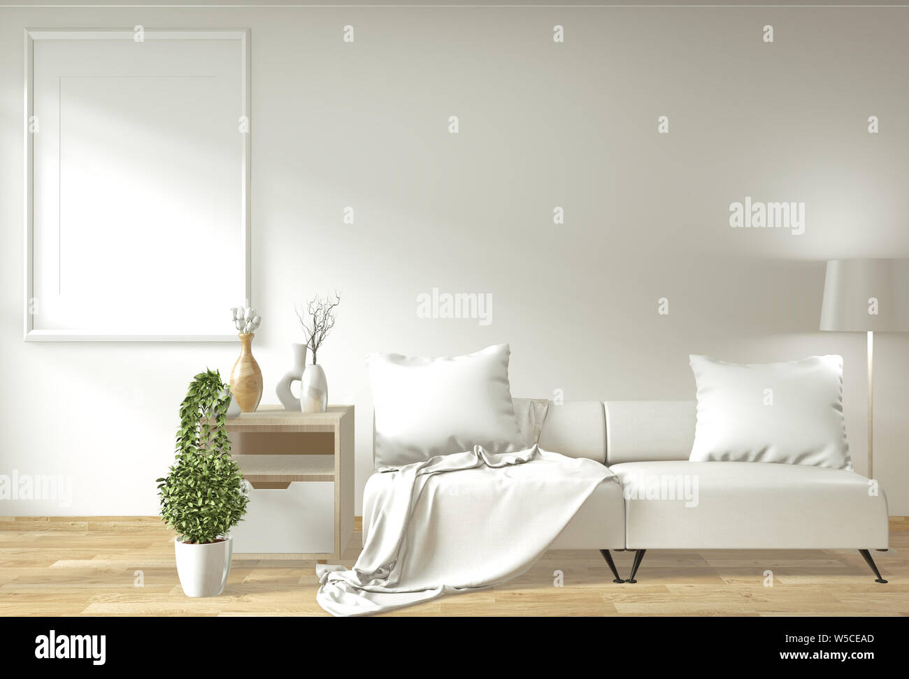 Modern zen living room interior with sofa and green plants japanese minimal design. 3d rendering