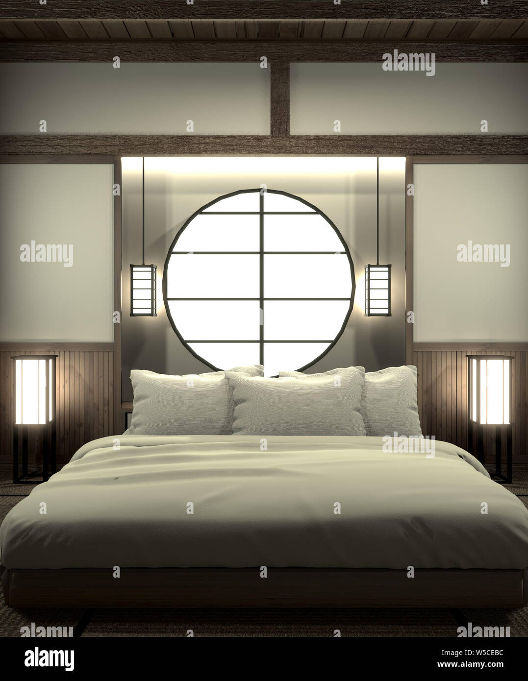Bedroom modern zen interior design with decoration japanese style.3D rendering Stock Photo