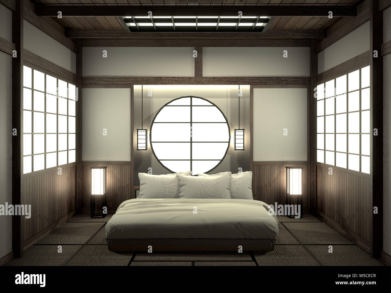 Bedroom modern zen interior design with decoration japanese style.3D rendering Stock Photo