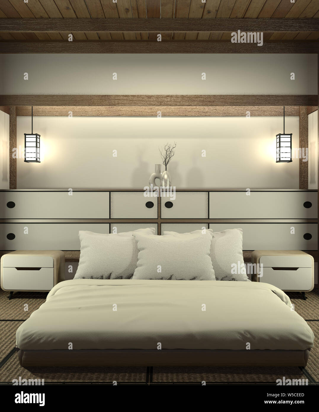 Bedroom modern zen interior design with decoration japanese style.3D rendering Stock Photo