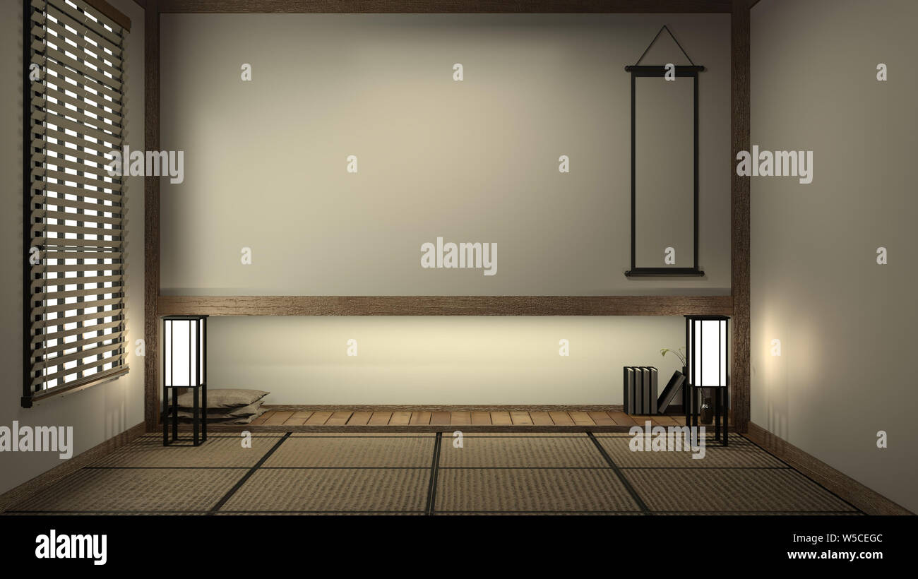 Empty Japanese living room interior minimal design with Tatami mat floor and Japanese Shoji door and decoration japan style 3D rendering Stock Photo