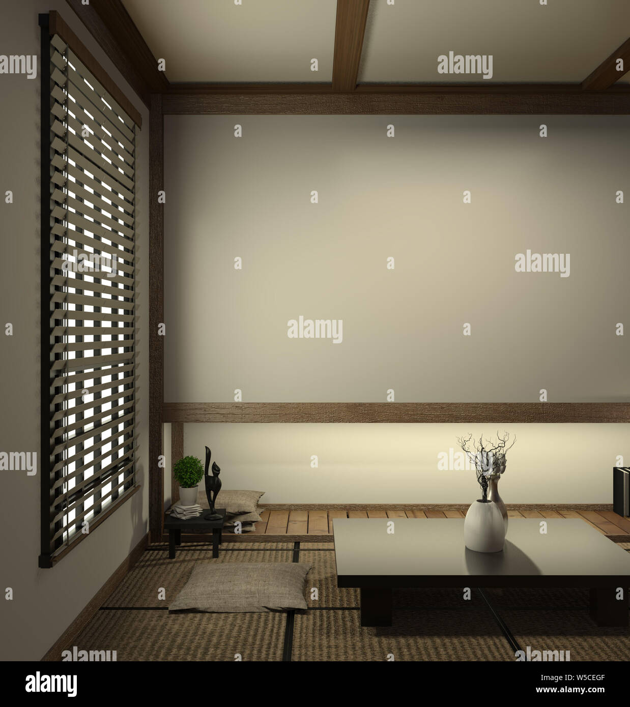 japan living room tatami mat and traditional japanese decoration, Japanese style. 3D rendering Stock Photo