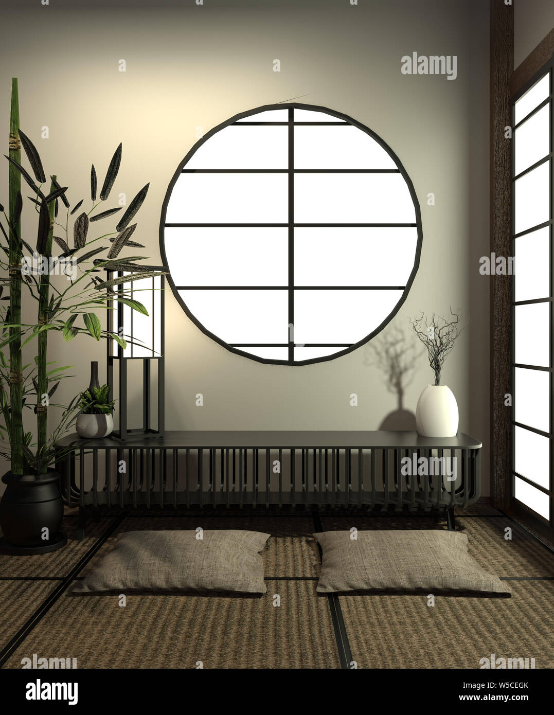 Room minimal design with Tatami mat floor and decoration Japanese style, empty room interior, 3D rendering Stock Photo