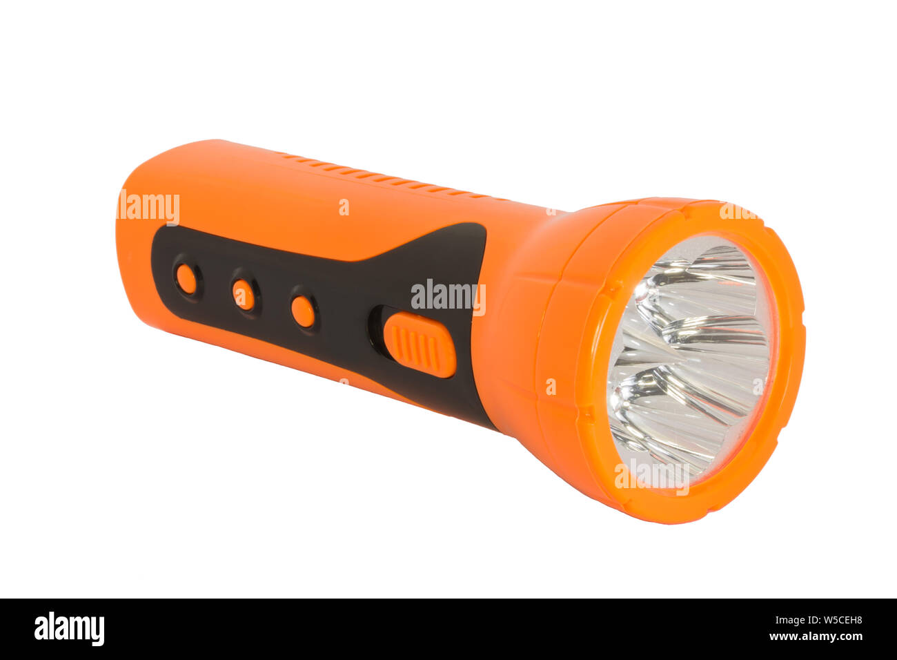 Orange Electric Pocket Flashlight on white blackground Stock Photo