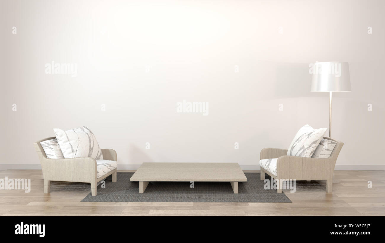 interior design zen living room with low table,pillow,frame,lamp on wood floor.3D rendering Stock Photo