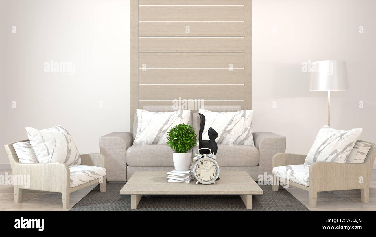 interior design zen living room with low table,pillow,frame,lamp on wood floor.3D rendering Stock Photo
