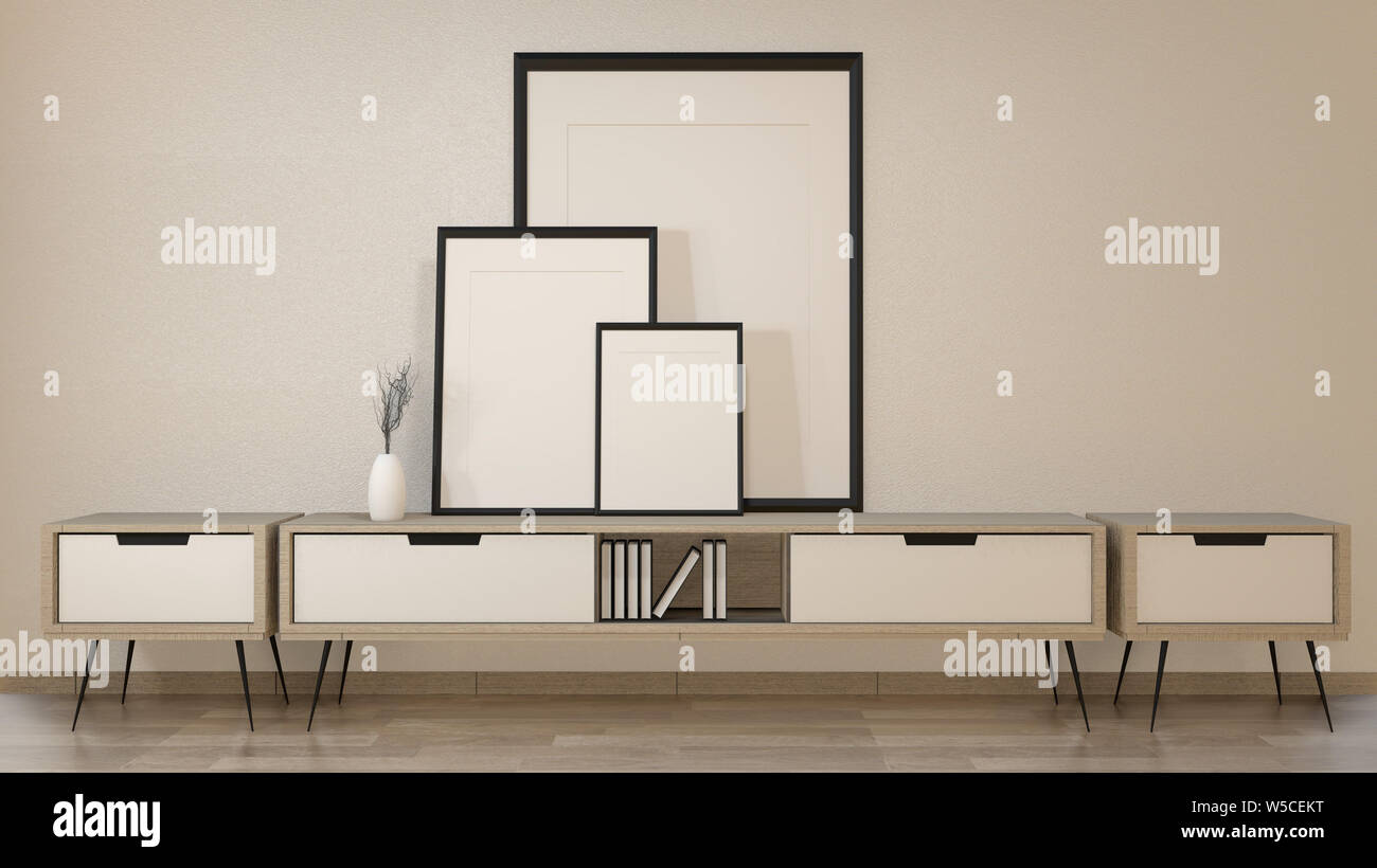 Mock up cabinet in zen living room on white wall background,3d rendering Stock Photo