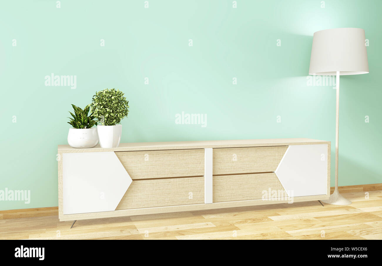 Tv shelf in mint room modern tropical style - empty room interior - minimal design. 3d rendering Stock Photo