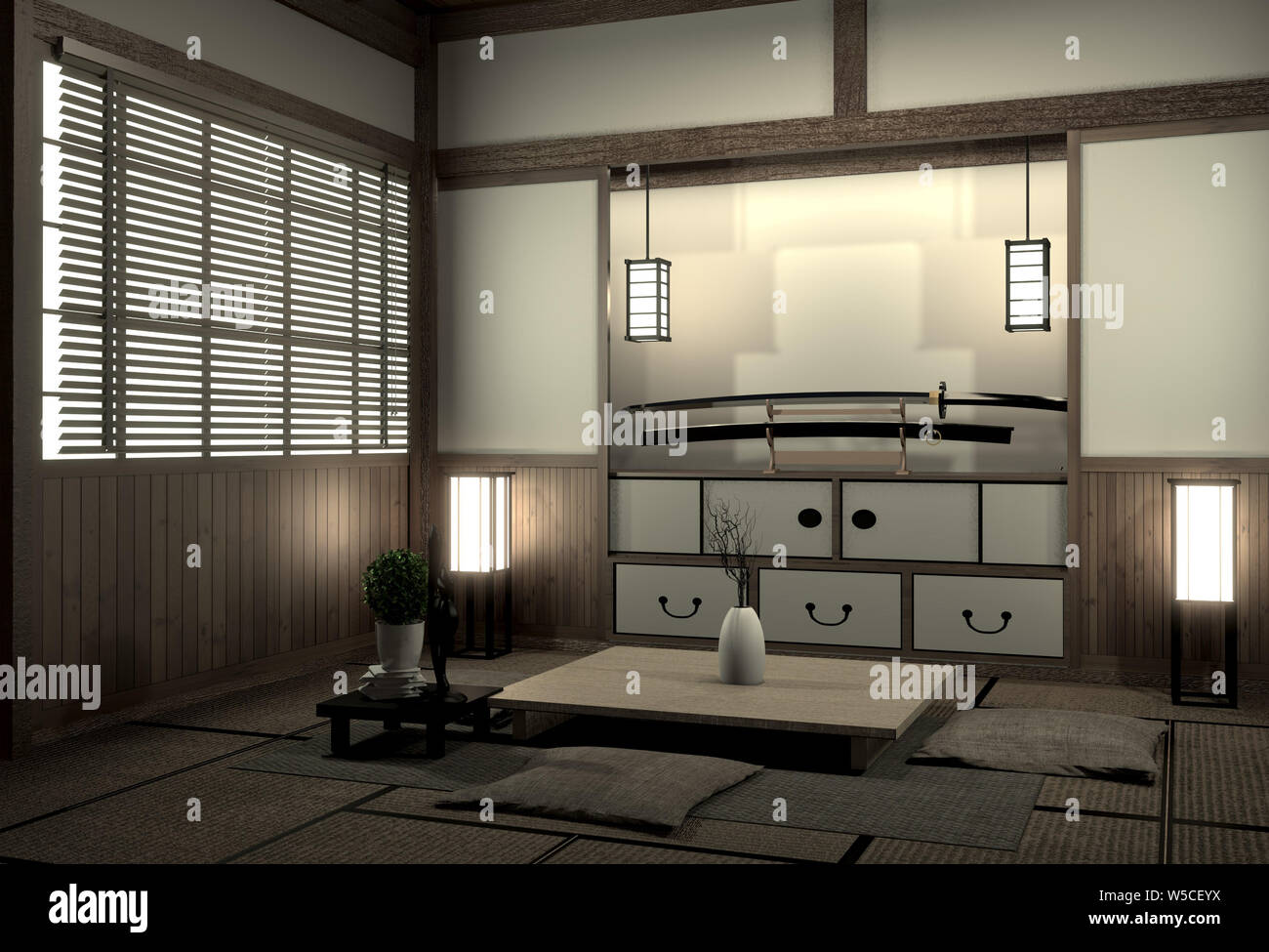 Living room interior design with cabinet in shelf wall design and decoration japan style.3D rendering Stock Photo