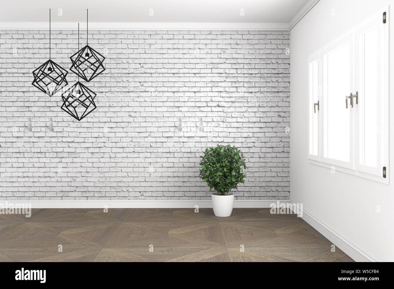 Loft room design, with lamp and plants on white windows in brick wall on wooden floor. 3D rendering Stock Photo