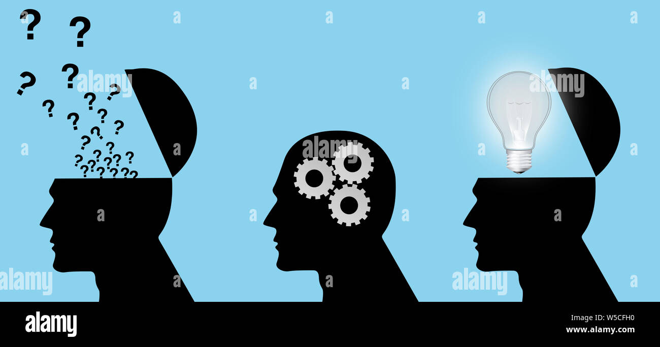 Three people with thoughts, one with idea Stock Photo