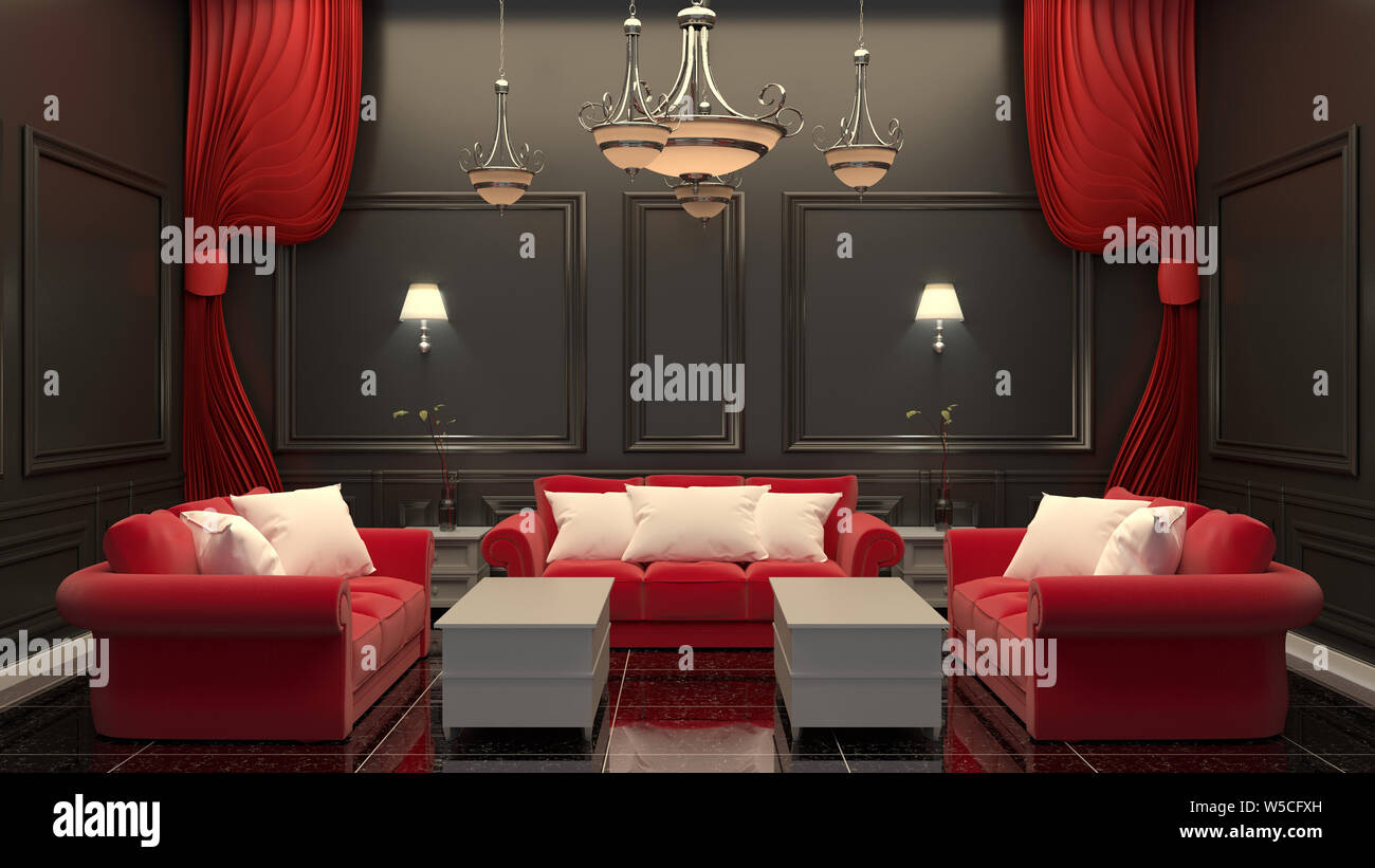 Contemporary room interior red sofa on black floor and black wall. 3D