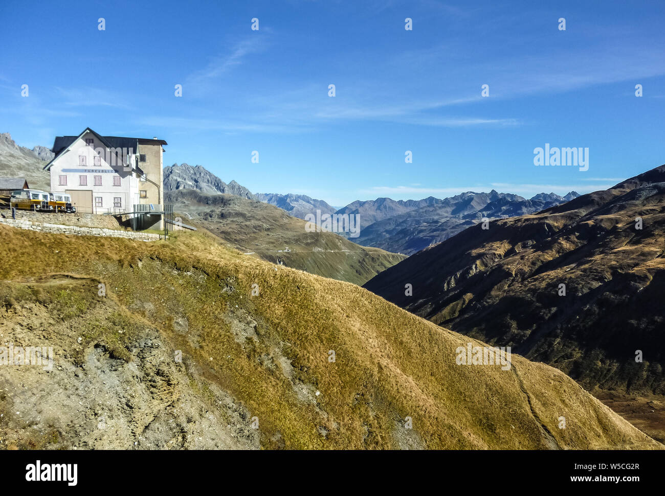 Hotel Furkablick in the mountains, Furkastrasse, Realp, Swiss Alps, Switzerland, Europe Stock Photo