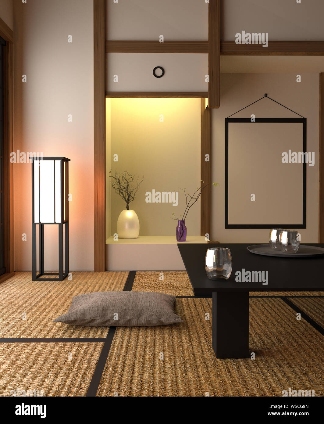 Japanese style interior design - living room. 3D rendering Stock Photo ...