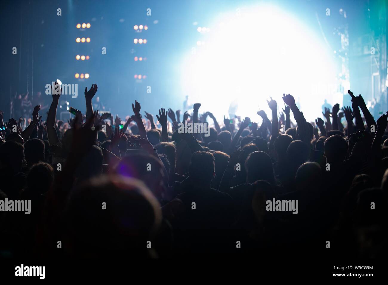 Big crowd of excited music fans waving hands to favorite musical tracks