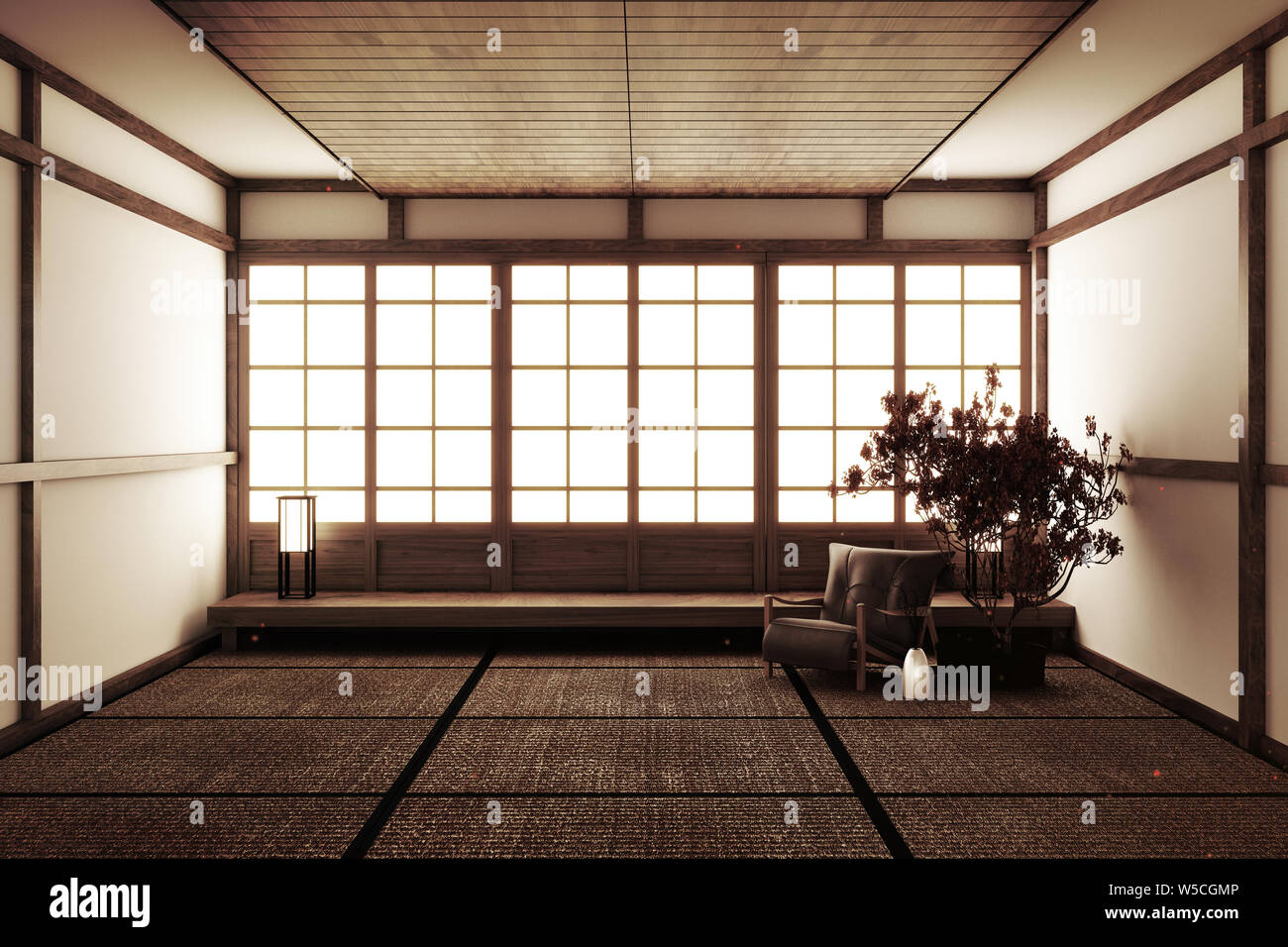 Japanese living room with wood floor and white wall with decoration Japanese style,3d rendering Stock Photo