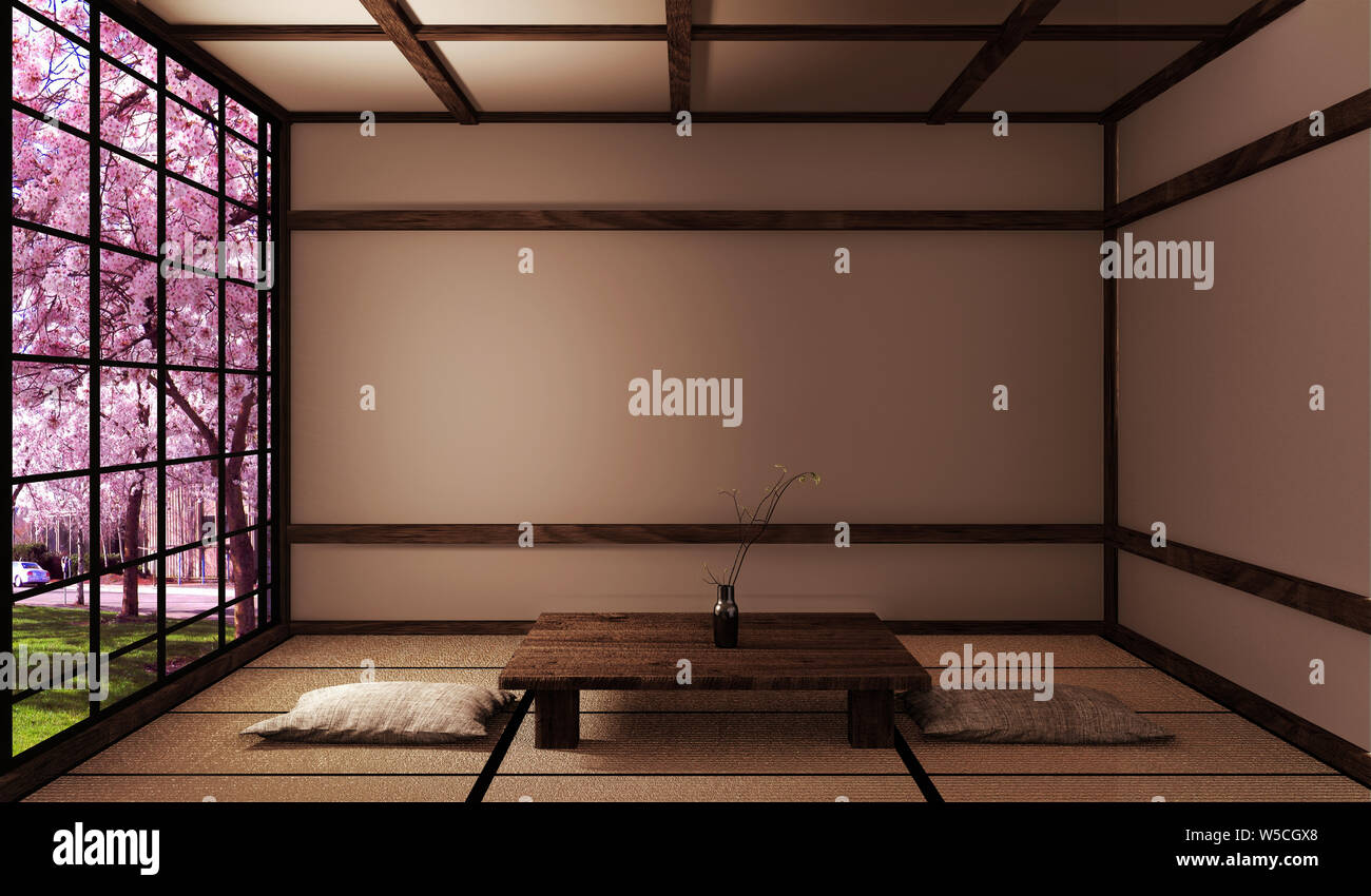 Living room with low table on tatami mat and window view sakura tree,Japanese style. 3D rednering Stock Photo