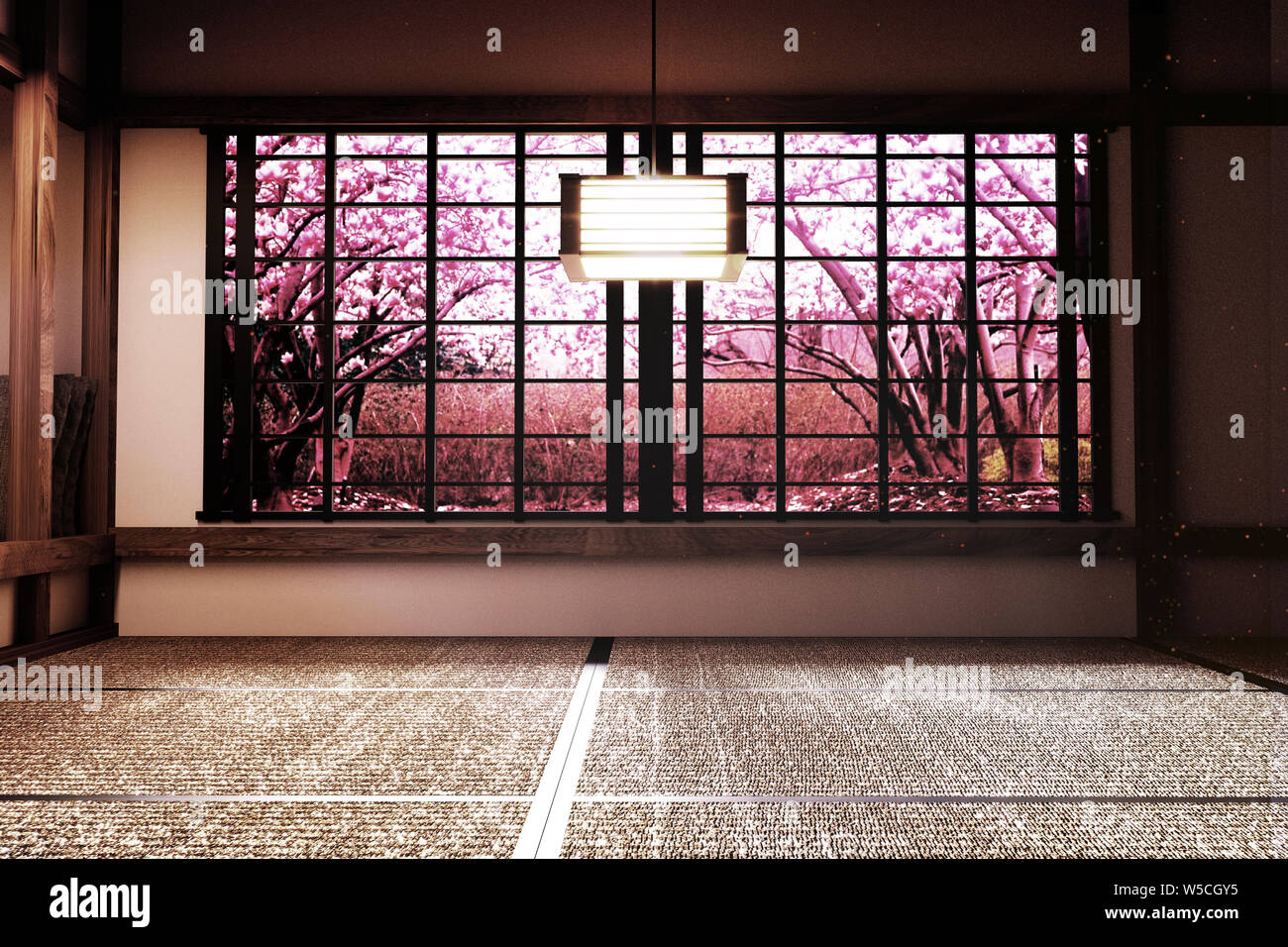 Original Design - Room interior with window view Sakura tree,Japanese zen style. 3D rendering Stock Photo