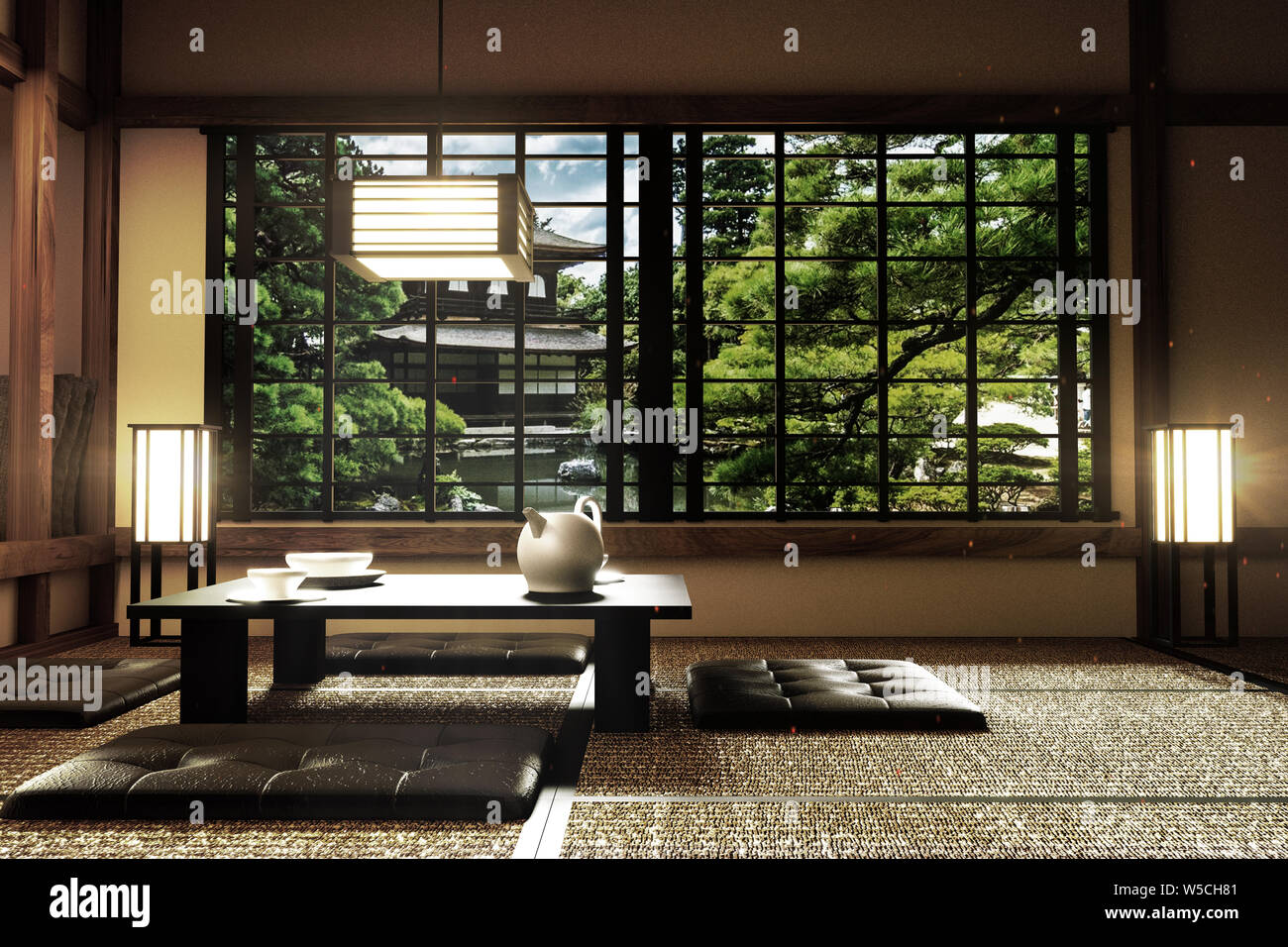 interior design,modern living room with table,lamp,tatami floor, Japanese style, 3d rendering Stock Photo