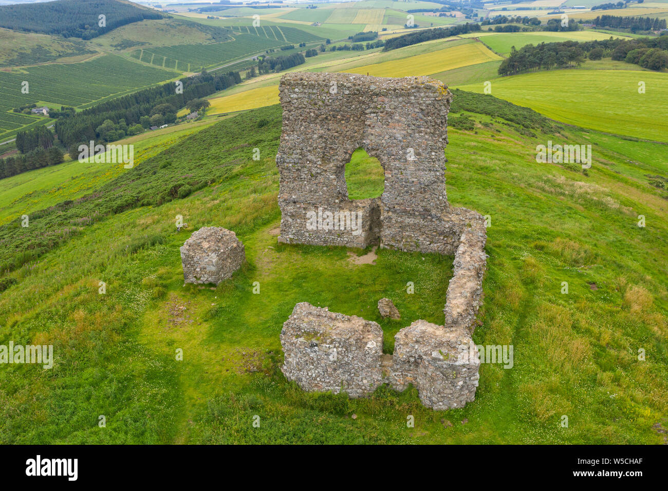 Aerial view of Dunnideer Castle, near Insch, Aberdeenshire, Scotland ...