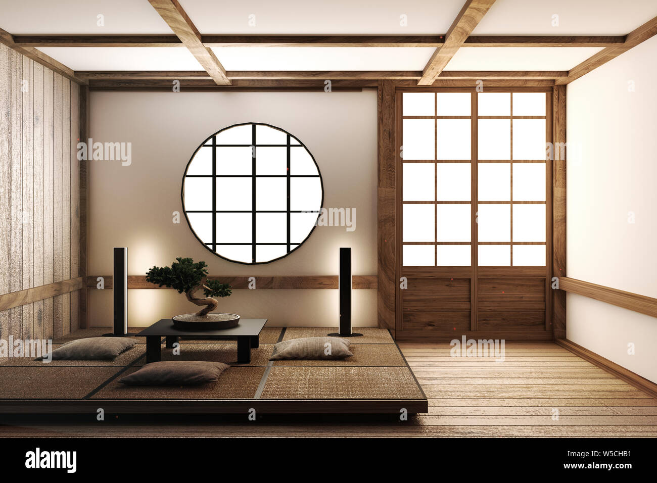 interior design,modern living room with chairs,lamp,tatami floor, Japanese  style, 3d rendering Stock Photo - Alamy