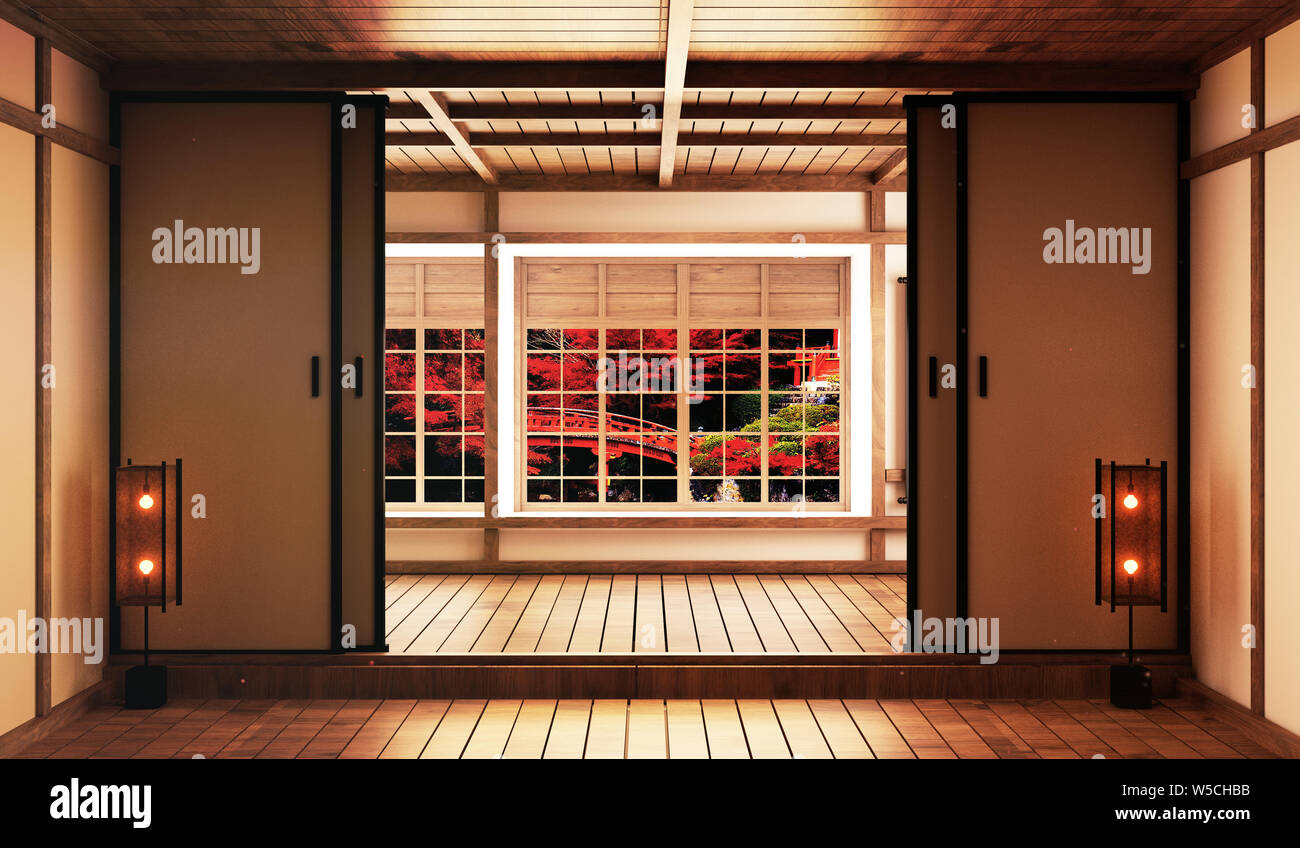 Beautiful empty room with decoration japanese style and view forest japan. 3D rendering Stock Photo