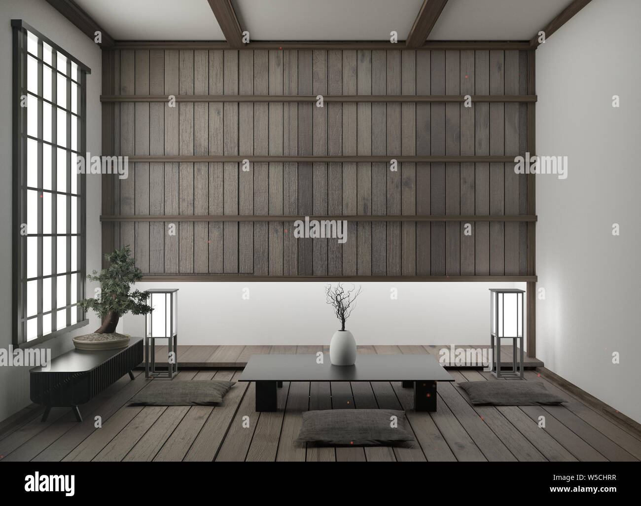modern empty living room with floor tatami mat and traditional japanese.3D rendering Stock Photo