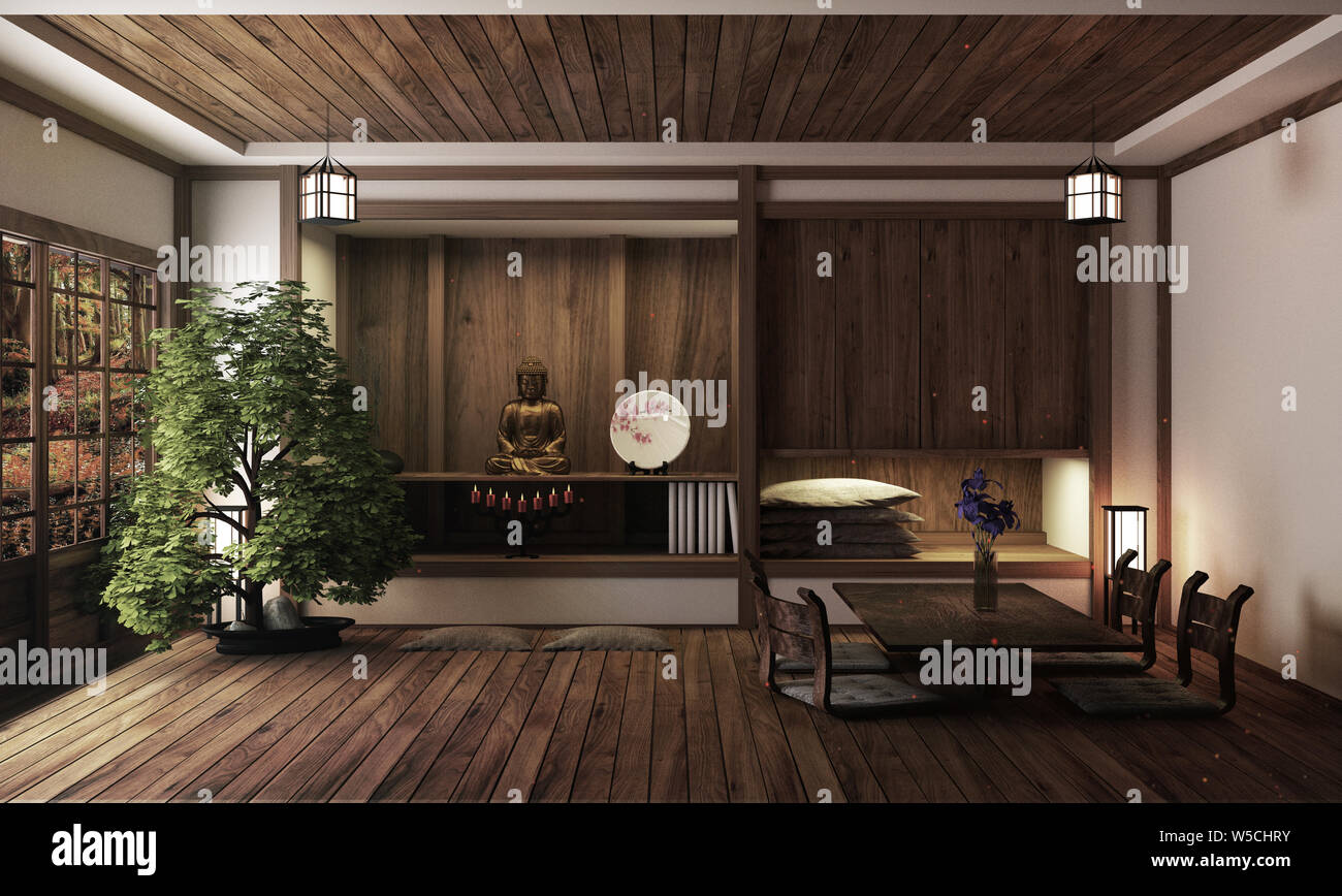 Japanese room, Kyoto zen style. 3D rendering Stock Photo