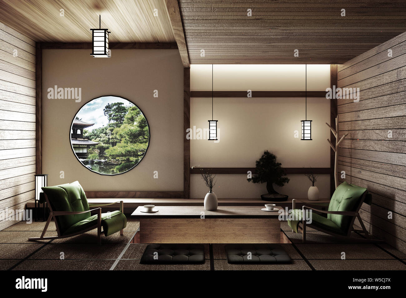 Mock up - modern living room, Japanese style. 3d rendering Stock Photo