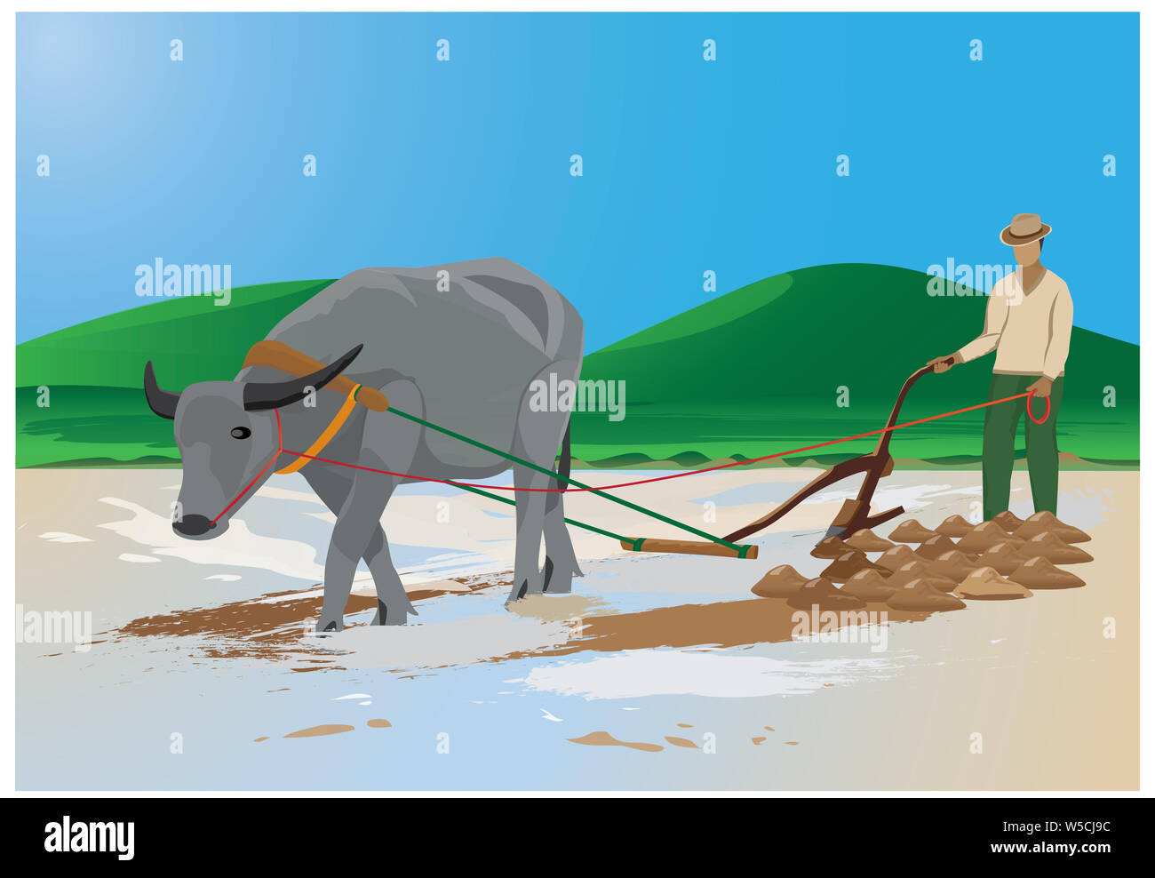 farmer plow in paddy field vector design Stock Photo - Alamy