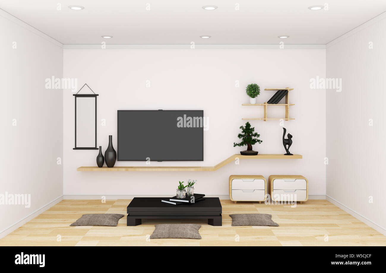 TV in modern white empty room and decoration Japanese style. 3d rendering Stock Photo