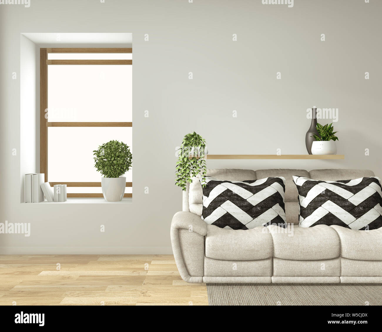 Modern zen living room interior with sofa and green plants japanese minimal design. 3d rendering. Stock Photo