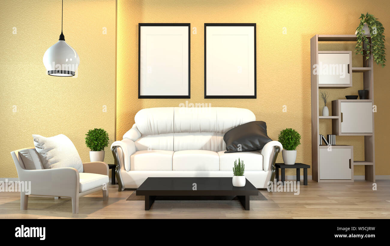 Modern Zen Interior With Sofa And Green Plants Lamp Decoration Japanese Style On Yellow Wall Design Hidden Light 3d Rendering Stock Photo Alamy