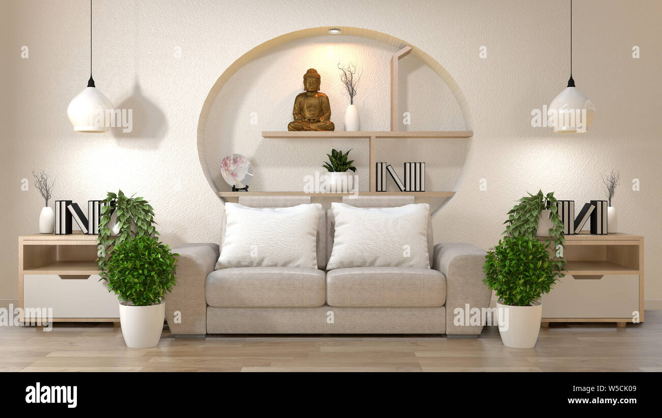 Living Room Zen Interior Decoration On Shelf Wall Mock Up