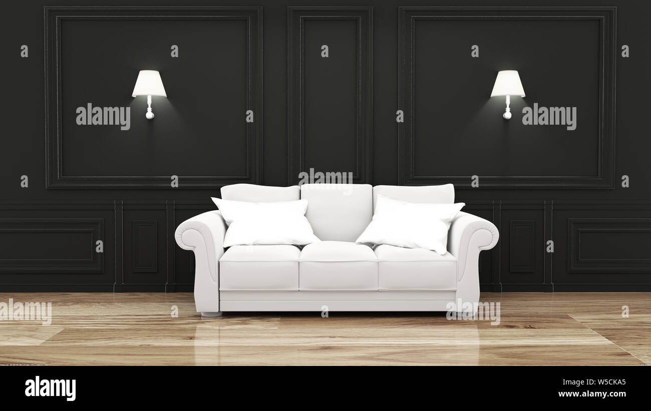 Empty luxury room interior with sofa in room black wall on wooden floor