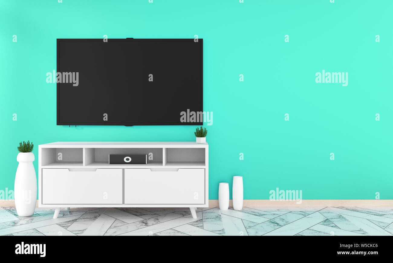 Tv on cabinet design in room interior granite tile floor on mint wall ,minimal designs zen style, 3d rendering Stock Photo